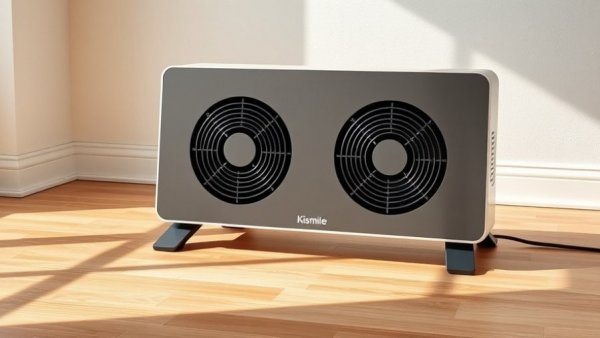 Kismile radiant space heater on wooden floor with sleek black design.