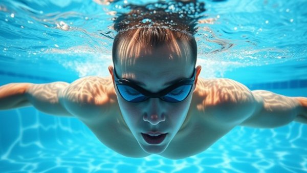 Swimmer with head submerged too deep affecting breathing, pool scene.