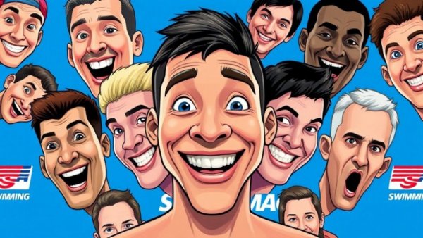 Face Mash Challenge promotional collage with altered faces and USA Swimming logo.