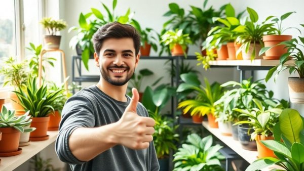 Cautious man by houseplants, warning about bad houseplants to avoid.