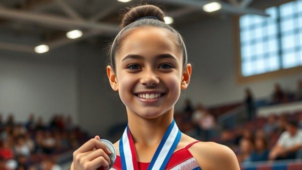 Biles Invitational gymnastics results, young gymnast with medal.
