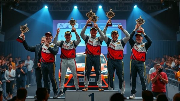 Nasser Al Attiyah Oman Rally winners on podium holding trophies.
