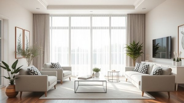 Home organization tips January: modern living room with elegant decor.