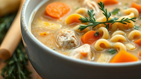 Closeup of high protein creamy chicken soup with carrots, celery, pasta, and thyme.
