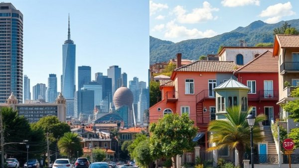 Affordable Living in Albania contrasted with urban America, digital art.