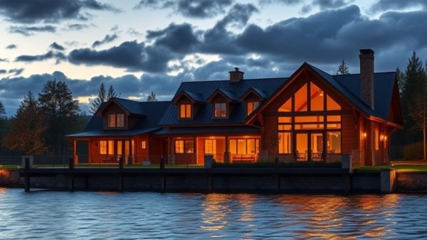 HGTV Dream Home 2026: Modern farmhouse at dusk by a serene lake.