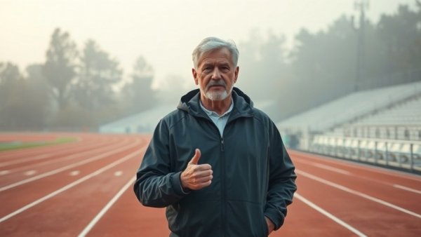 Coach stands confidently on foggy track, promoting consistency.