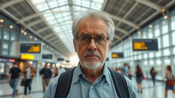 An anxious man at a busy airport discussing retirement in Thailand.