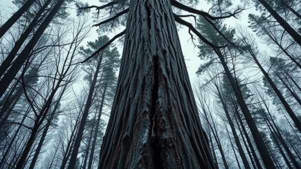 Tree with crack in cold forest, trees explode in cold weather.