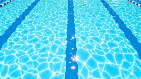 Vibrant swimming pool lanes reflecting sunlight, symbolizing South Carolina Women's Swim Team unbeaten season.