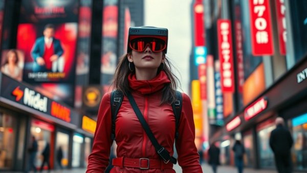 Futuristic techwear fashion in urban city setting.