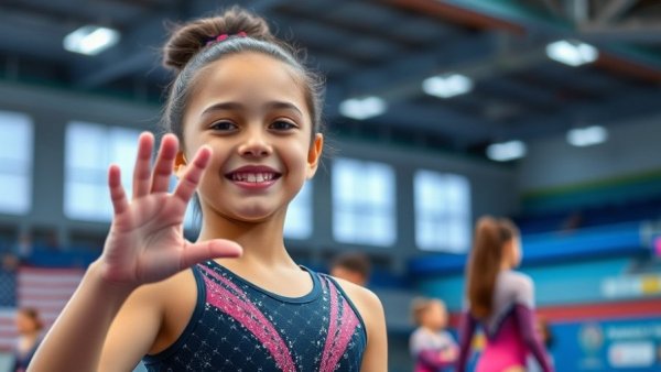 Happy young gymnast in purple, heart gesture, Top Junior WAG Scores 2025.