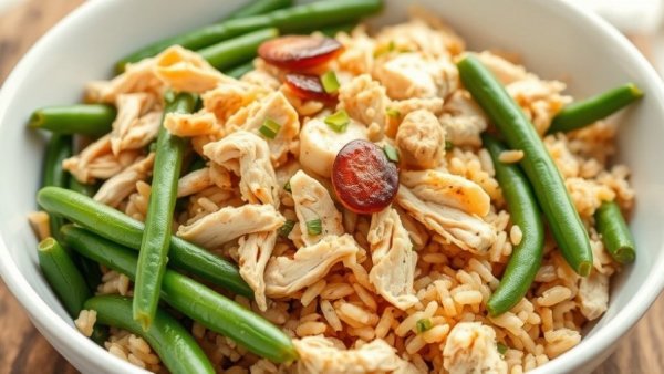 Healthy college meal with chicken, rice, and greens in a bowl.