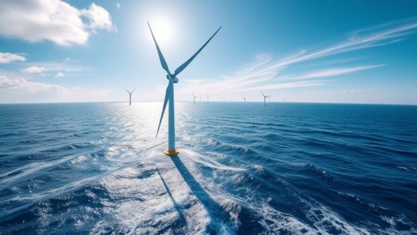 Offshore wind turbine in ocean with sunlight; 100 GW energy.