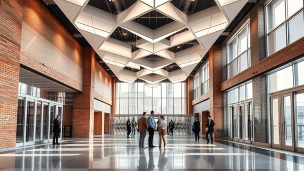 Modern office lobby at Next NGA West Campus with geometric lights and people