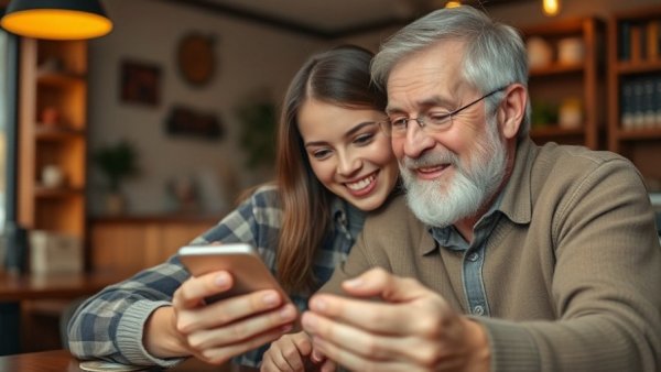 Curious elder man and young girl exploring smartphone, cozy cafe.