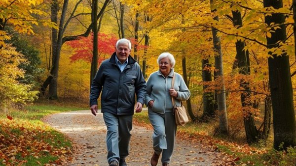 Elderly couple walking in autumn forest, Exercise as Play, colorful foliage.