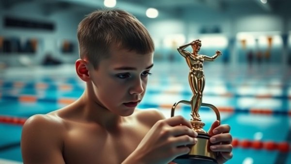 Young swimmer holding a medal at an indoor facility.
