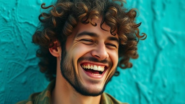 Smiling man against turquoise backdrop, iPod Mini impact on music consumption.