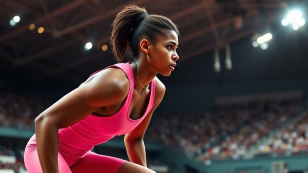 Focused athlete at indoor track competition preparing to jump