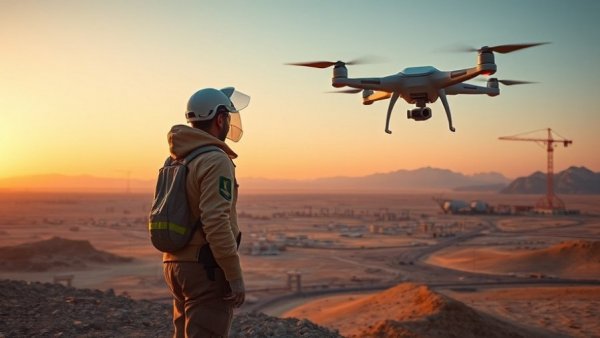 Futuristic AI for Lone Worker Safety in a construction site at dawn.