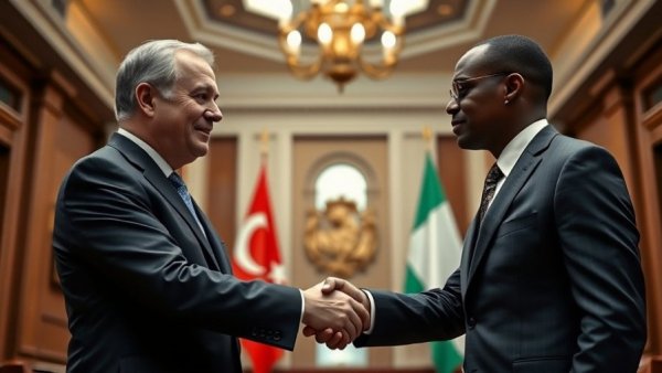 Türkiye Nigeria Relations: Formal handshake in a grand hall.