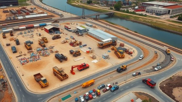 Aerial view of Hudson Tunnel Project construction site with vehicles and machinery.