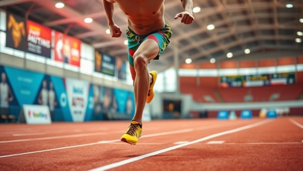 Sprinter in colorful shorts during an intense indoor track event, 2026.