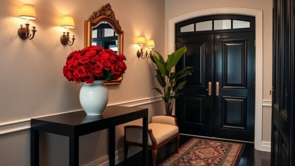 Elegant entryway decor with roses and mirrored console.