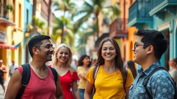 Vibrant street scene of Paraguay with people discussing moving.