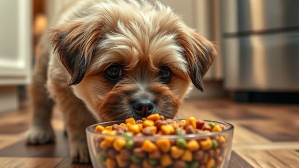 Fluffy dog eyeing healthy homemade dog food recipe in a bowl.