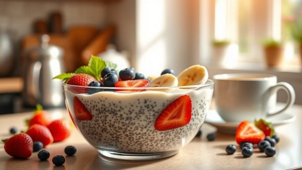 Chia seed pudding recipe with fruit toppings on a kitchen counter.