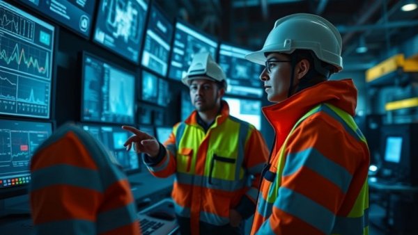 CMMC Level 2 Compliance discussion between workers in control room.