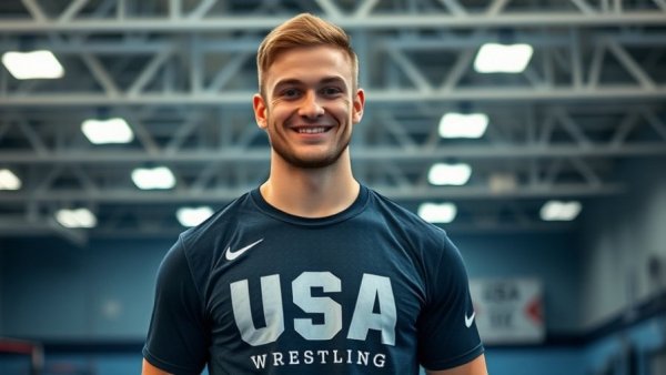 Confident athlete in USA Wrestling shirt indoors.