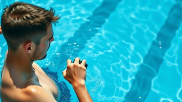 Swimmer at poolside using smartwatch for performance enhancement.