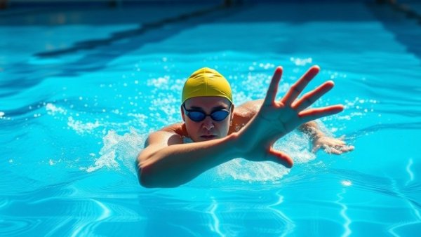 Swimmer demonstrating palm backwards for better propulsion technique in pool