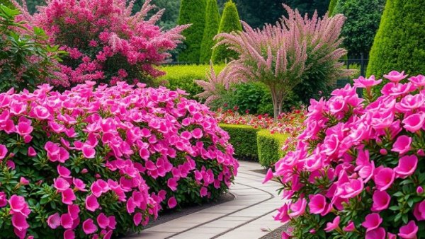 Vibrant pink flower garden with diverse blooms and pathways.