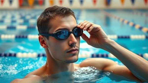 Male swimmer adjusts goggles in pool, Big Ten Swimming Honors.