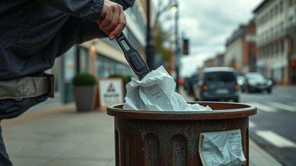 Litter grabbing tool removing tissue from bin, urban cleanup, UK.