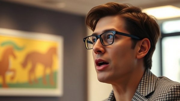 Person discussing responsibility, emphasizing financial stewardship, with art backdrop.