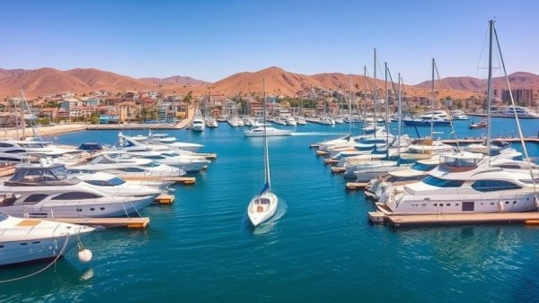 Vibrant marina in Baja California with boats and hills, sunny day.