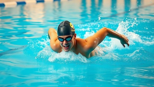 Energetic swimmer mid-action in Austin indoor pool.