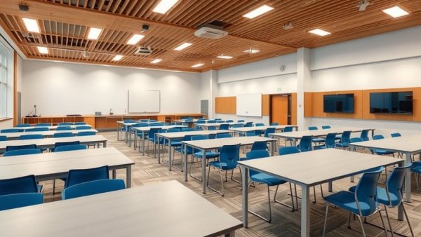 Modern classroom with tables, chairs, screens, AI in electrical work environment.