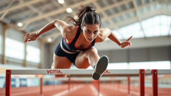Focused athlete mid-hurdle jump symbolizes sibling rivalry in sports.