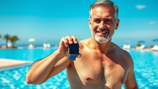 Middle-aged swimmer showcasing smartwatch benefits by the pool.