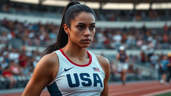 Focused female athlete in USA uniform, Sha'Carri Richardson Excessive Speeding Incident, racing setting.
