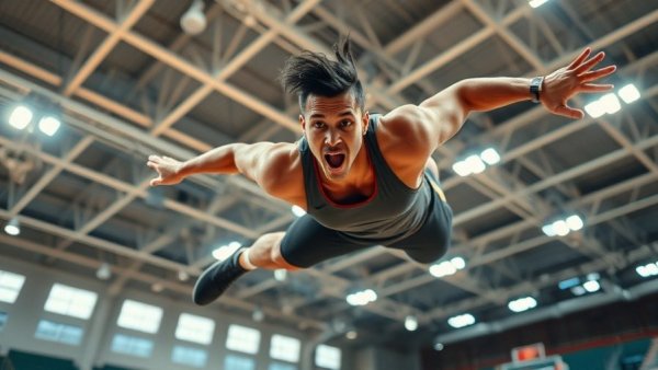 Yevhen Zhmailo record breaking jump: athlete mid-air in indoor arena.