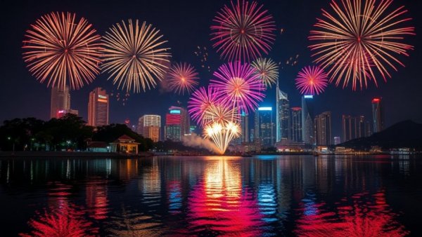Vibrant Vietnamese festival with fireworks over cityscape.