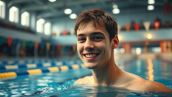 Young male swimmer post-swim at 12-hour competition.