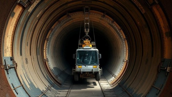 Diver-operated vehicle in water tunnel liner, showcasing engineering.